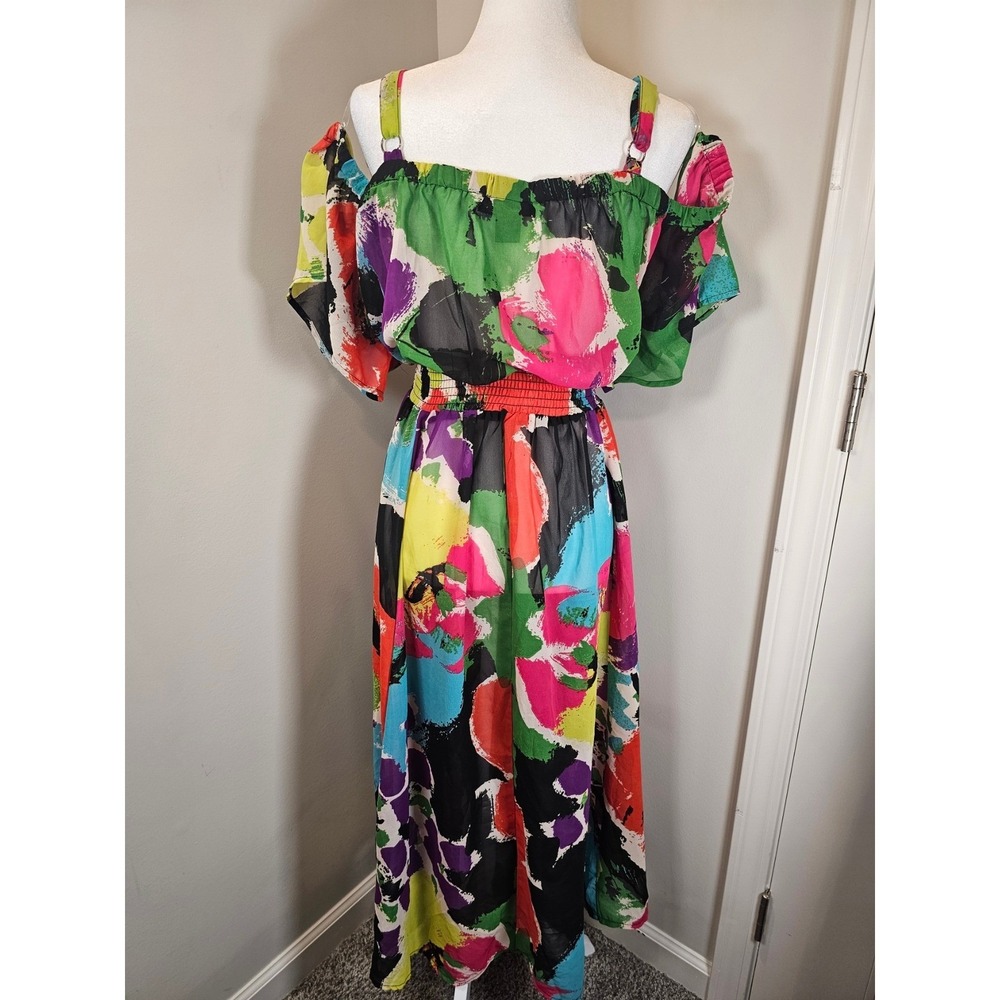 Ashley Stewart Multi Color Abstract High Low Maxi Dress Cold Shoulder Plus 26/28 - Picture 2 of 11